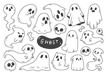 Ghosts Cute Drawing, Cute Ghosts Illustration, Ghost Vector Illustration, Ghost Illustration Art, Ghost Simple Drawing, Simple Doodles Ghost, Spooky Season Doodles, Halloween Doodles Cute, White Board Halloween Drawings