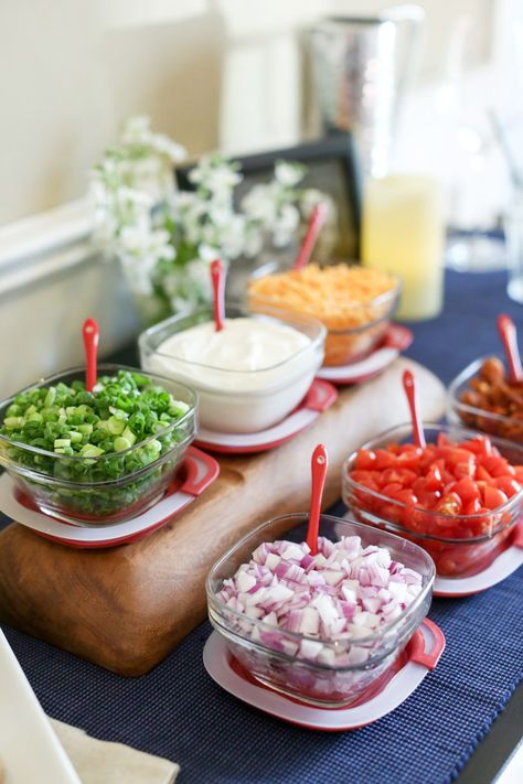 How To Set Up A Baked Potato Bar | Six Sisters' Stuff Potato Bar Party, Chili Bar Party, Chili Bar, Baked Potato Bar, Potato Bar, Frozen French Fries, Taco Bar, Feeding A Crowd, How To Set Up