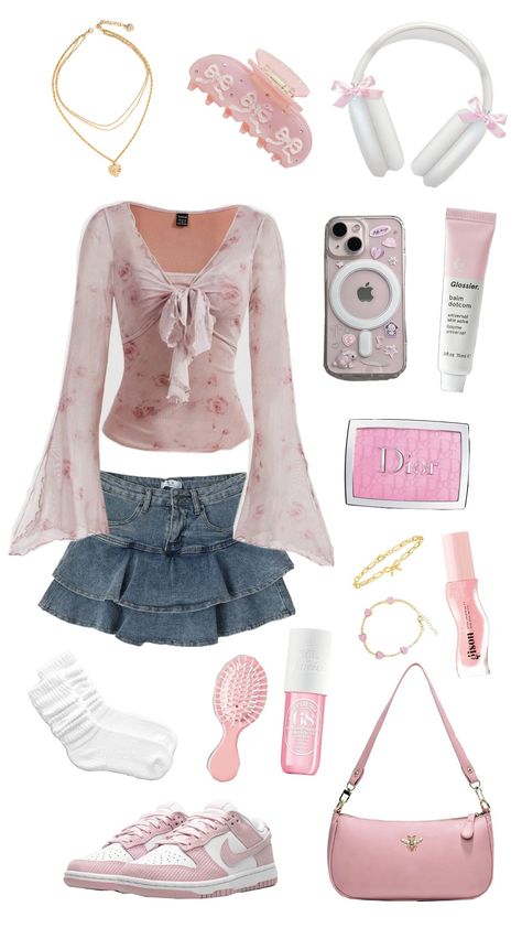 #outfit #pink #pretty Pink And White Fits, Cute Pink Y2k Outfits, Pink Vampire Aesthetic Outfits, Cute Light Pink Outfits, Cute Pink Outfits Casual, Pink Cottagecore Outfits, Pink Outfits For School, Light Pink Outfit Ideas, Pink And Brown Outfits