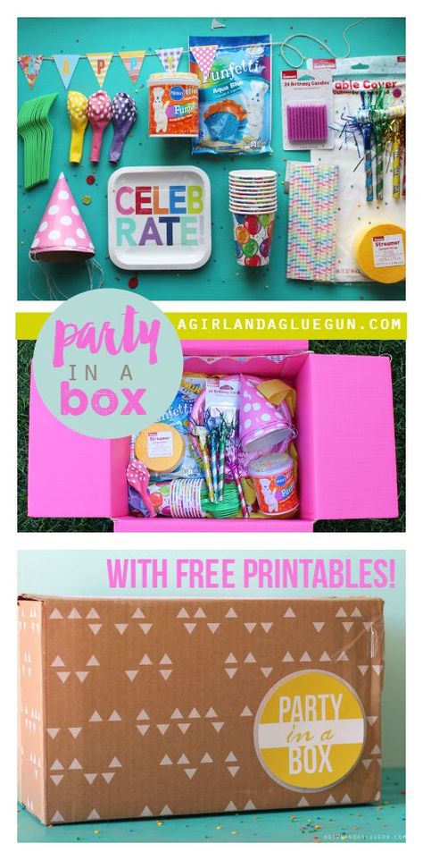 Party in a box - A girl and a glue gun Birthday Party In A Box Ideas, Birthday Party Box Ideas, Party In A Box Business, Party Boxes Ideas, Birthday In A Box Ideas, Party Box Ideas Packaging, Party In A Box Ideas Diy, Party In A Box Ideas, Party Box Ideas