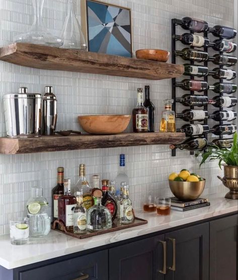 Bar With Floating Shelves, Dry Bar Ideas, Farmhouse Home Design, Bourbon Room, Whiskey Room, Home Bar Rooms, Modern Home Bar, Bourbon Bar, Bar In Casa