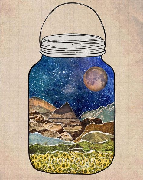 How To Make A Collage? Some Simple Tips - Bored Art Art And Illustration, Star Jar, Art Du Collage, Collage Kunst, Creation Art, Jar Art, Nature Posters, Collage Art Mixed Media, Art Et Illustration