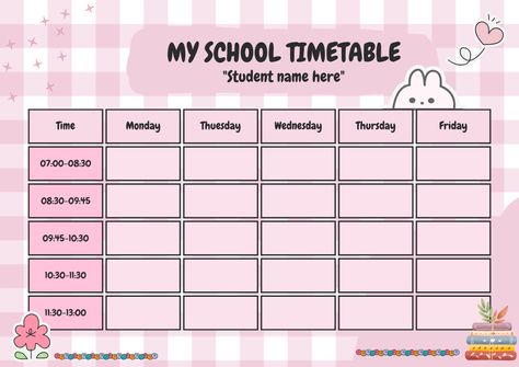 Get your Personalized and customizable timetable to keep track of your classes and dates with ease. A must-have for every student. #schooltimetable #homeschooltimetable #middleschooltimetable #schooldailyschedule #highschooltimetable #studentlife #organization #Schoolposter #Educational #Onlineclasses #Schoolposter #studyplanner #Lessonplantemplate Cute Schedule Templates For School, Sanrio Timetable, Cute Timetable Ideas, Aesthetic Timetable Printable, Time Table Aesthetic, Timetable Design Ideas, Class Timetable Ideas, Cute Timetable Template, Time Table For Studying Template