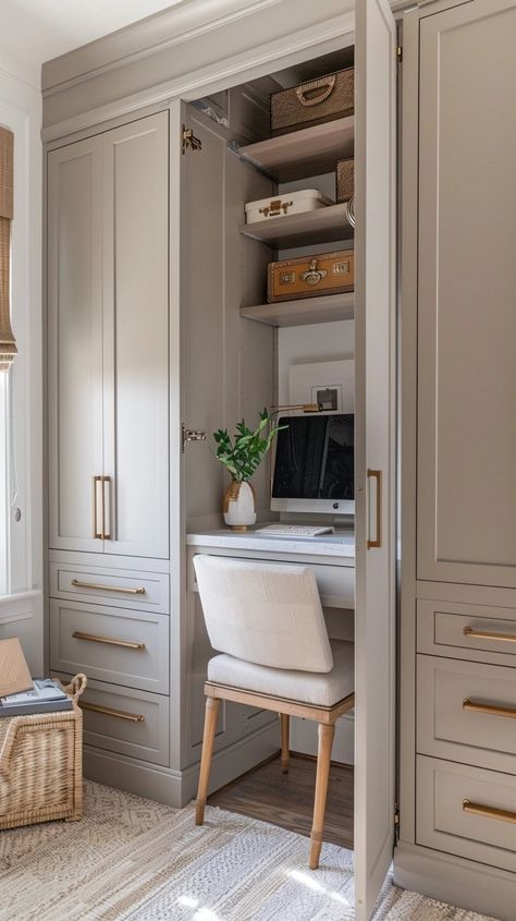 Transforming Home Closets into Functional Office Spaces — Living Bright Interiors Drop Down Desk In Closet, Desk Closet Ideas Built Ins, Desk Hidden Closet, Home Office In Closet Ideas, External Closet Ideas, Office In Closet Walk In, Closet And Office Combo Small Spaces, Hidden Desk In Closet, Desk In Master Closet