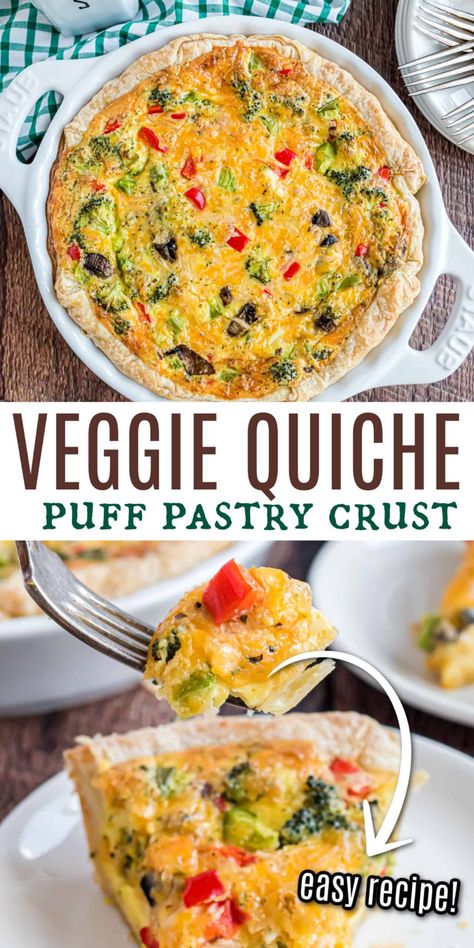 Garden fresh flavor is front and center in this easy Veggie Quiche recipe. With a buttery pastry crust, hearty egg filling with cheese and all your favorite vegetables, this quiche deserves a spot on your brunch table! Quiche, Essen, Quiche Recipes With Puff Pastry Crust, Quiche Puff Pastry Crust, Quiche With Puff Pastry Crust, Quiche Puff Pastry, Quiche Recipes Vegetarian, Veggie Puff Pastry, Quiche With Puff Pastry