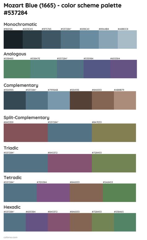 Benjamin Moore Mozart Blue (1665) Paint coordinating colors and palettes Aleutian Color Palette, Sw Aleutian, Aleutian Sherwin Williams, Sherwin Williams Aleutian, Valspar Blue, Blue Pallets, Sherwin Williams Color Palette, Analogous Color Scheme, Split Complementary Colors