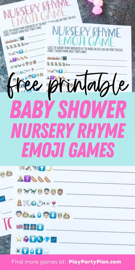 Need a new baby shower game idea? This fun nursery rhyme emoji game is a great printable baby shower game for all ages! See if you can guess which nursery rhyme is represented by the emojis on each line! | baby shower emoji game free printable | baby shower emoji game nursery rhymes | emoji pictionary baby shower game nursery rhymes | baby shower games emoji nursery rhymes | nursery rhymes emoji game | best baby shower games Guess The Nursery Rhyme Game, Baby Shower Emoji Game, Nursery Rhyme Baby Shower Game, Guess The Emoji, Nursery Rhymes Games, Nursery Rhyme Theme, Emoji Games, Fun Nursery, Free Baby Shower