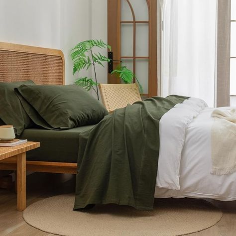 Link in pin. BESTOUCH Sheet Set 100% Washed Cotton Linen Feel Super Soft Comfortable Chic Lightweight 4 Pcs Home Bedding Set Solid Olive Green Bed Rooms Design Modern Luxury, Green Bed Sheets, Twin Size Bed Sheets, Bedroom Aesthetic Cozy, King Size Bed Sheets, Green Sheets, Lightweight Bedding, Beige Bedroom, Comfortable Chic