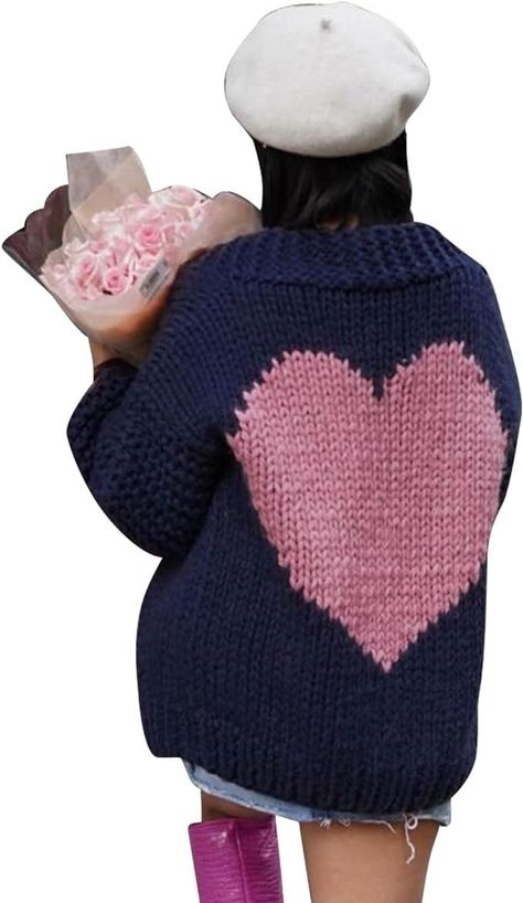 CHICWISH Women's Navy Key to My Heart Hand Knit Chunky Cardigan at Amazon Women’s Clothing store Heart Sweater Outfit, Valentines Outfits For Women, Valentine Outfits For Women, Classic Red Dress, Boxy Sweater, Heart Sweater, Valentines Outfits, Chunky Cardigan, Key To My Heart