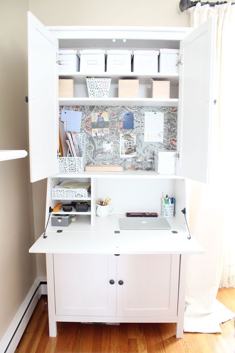 DIY Secretary Desk for a Small Space: This is great for an apartment! So much storage room! Diy Secretary Desk, Desk For Small Spaces, Vintage School Desk, Desks For Small Spaces, Ikea Hemnes, Painted Drawers, Secretary Desk, Desk Organization Office, Desk Areas