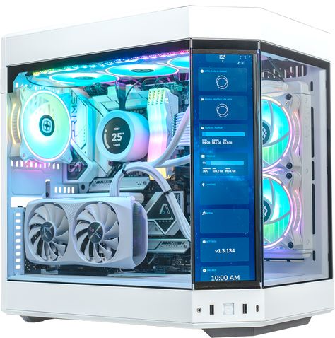 Up to NVIDIA® GeForce RTX™ 4090 Up to Intel® Core™ i9-14900K 32GB DDR5 6000MHz T-Force Delta RGB 1TB M.2 NVMe SSD Gen 4 NZXT Kraken Elite 240MM AIO Cooling NZXT F120 RGB White Fans ASUS ROG Maximus Z790 Apex WIFI GX13 HYTE DISPLAY WHAT YOU LOVE "...allows you to show off your flashy hardware from a panoramic perspective... a unique option." "...If you're looking to show off your components, the Y60 is one of the best chassis you can buy to do just that. If aesthetics is your top priority, it's a no-brainer." "...cohesion between design and functionality with great liquid-cooling support and the ability to install both large GPUs and PSUs at the same time." Unleash the epic magic of your PC! Have your mind blown by the extraordinary GX13 HYTE, the ultimate spectacle of awesomeness. It's lik Nzxt Pc Build, Hyte Y60, Hydro Graphics, Aesthetic Gaming, Pc Design, Pc Builds, Pc Components, Best Pc, Custom Pc