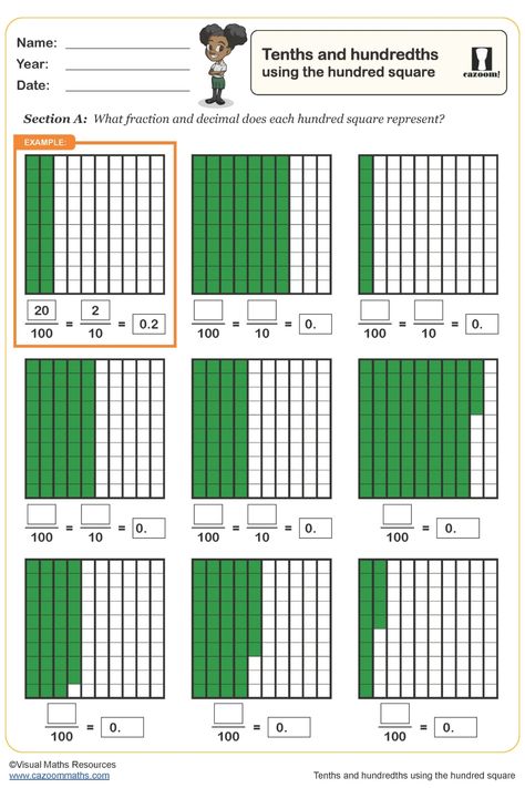 Tenths and Hundredths Using the Hundred Square Worksheet Tenths And Hundredths Activities, Year 4 Maths Worksheets, Square Worksheet, Tenths And Hundredths, Decimal Fractions, Fractions To Decimals Worksheet, Teaching Decimals, Math Fractions Worksheets, Decimals Activity