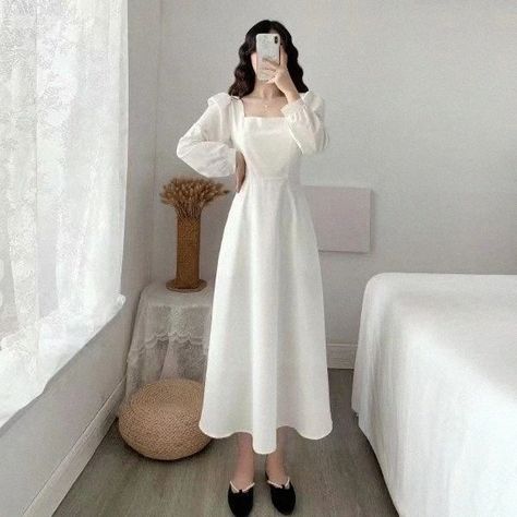 Lasaky - Chic Long-Sleeve Midi Dress White Evening Gown, Backless Evening Gowns, Dress With Square Neckline, White Evening Gowns, Butterfly Print Dress, Midi Dress Elegant, Dress Elegant Long, Irregular Skirt, City Chic Dresses