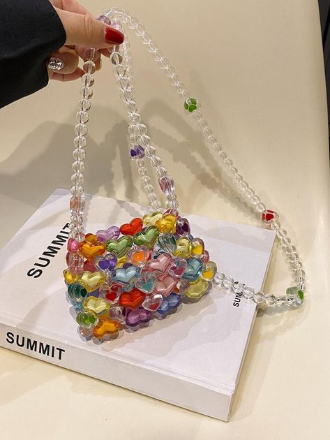 Mini Heart Shape Beaded Square Bag Colorblock Fashionable, Perfect For Music Festival | SHEIN USA Funky Purses, Sac Diy, Embellished Bags, Pearl Bag, Beaded Handbag, Cross Bag, Beaded Purses, Mini Heart, Beaded Bags