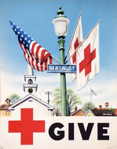 An American Red Cross poster asking people to GIVE. Red Cross Volunteer, Boys Town, Cross Pictures, Blood Drive, Main Street Usa, Campaign Posters, American Red Cross, Arizona Logo, Red Cross