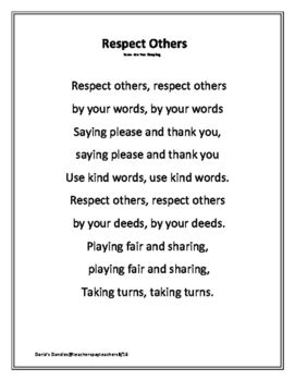 Respect Others is a song to a familiar tune that reminds students of ways to show respect by words and deeds. Great resource for classroom management to be taught during back to school and then used all year. Counselors may also find Respect Others a useful song.Respecting others is a character trait we want all students to develop! Poem About Respect, Simple Poems For Kids, Ways To Show Respect, Respect Song, Respect Activities, Respecting Others, Manners Quotes, Preschool Poems, Don't Give Up Quotes