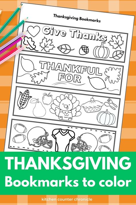 Free printable Thanksgiving bookmarks to color. Includes a football bookmark for kids to personalize and a "Thankful for" bookmark for kids to add who and what they are thankful for. All about Thanksgiving food, football and gratitude. #thanksgivingprintable #thanksgivingactivity #printablebookmark Thanksgiving Buddy Activities, Christian Coloring Bookmarks Free Printable, Thanksgiving Bookmarks Free Printable, Free Printable Thanksgiving Crafts, Thanksgiving Free Printables For Kids, Free Thanksgiving Printables For Kids, Thanksgiving Printables Free, Thanksgiving Bookmarks, Bookmarks Diy Kids