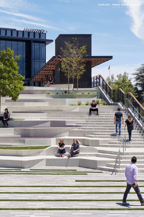 The grand stair serves the dual purpose of drawing people to the elevated plaza as well as providing amphitheater seating for a casual lunch meeting, or summer concerts, performances and outdoor screenings… The Culver Steps | Culver City | California | Ehrlich Yanai Rhee Chaney Architects with SWA Group Stairs With Seating Architecture, Outdoor Plaza Public Spaces, City Plaza Design, Outdoor Amphitheater Architecture, Staircase Design Outdoor, Stairs With Seating, Stair Seating, Steps Architecture, Amphitheater Seating