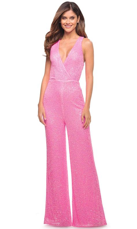 La Femme 30811 - Sleeveless V- Neck Jumpsuit Jumpsuit For Prom, Prom Jumpsuit, Fabric Sequin, Beautiful Jumpsuits, Formal Jumpsuit, Embroidered Lace Dress, Sequin Jumpsuit, Terani Couture, Designer Jumpsuits