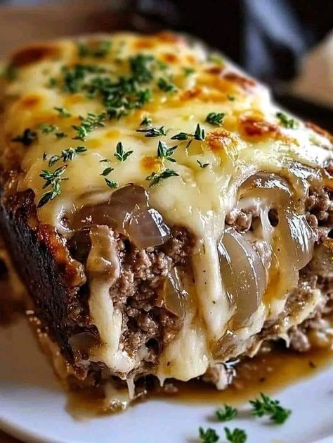 Bobby Flay😇😋 | 🥩 Crockpot French Onion Meatloaf with Melted Swiss Cheese 🧀 | Facebook French Onion Meatloaf, Crockpot Meatloaf, Diner Recept, Grandmas Recipes, Beef Casserole, Crockpot Recipes Slow Cooker, Beef Recipes For Dinner, Meatloaf Recipes, Swiss Cheese