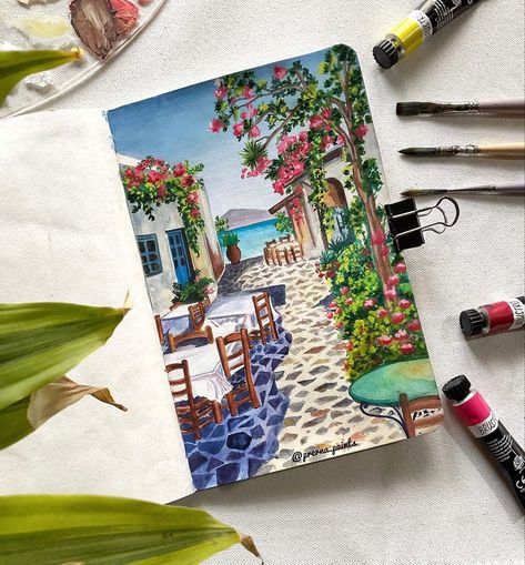 Difficult Painting Ideas, Paint Gouache, Cafe Vibes, Instagram Italy, Copic Marker Art, Street Cafe, Italy Street, Street Painting, Gouache Illustrations