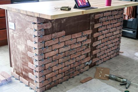 Brick Wall Bar Design, Brick Kitchen Island Ideas, Faux Brick Kitchen Island, Brick Island Kitchen, Brick Countertop, Diy Brick Kitchen, Brick Island, Brick Kitchen Island, Brick Kitchen Ideas