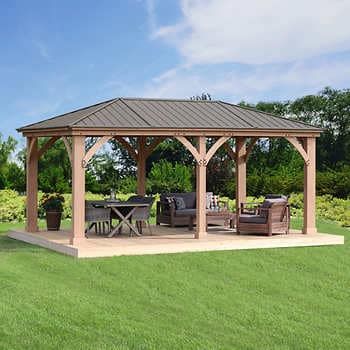 Pavillion Ideas, Cedar Gazebo, Gazebo Privacy, Outdoor Patio Shades, Backyard Structures, Pavilion Plans, Screened Gazebo, House Patio, Homes Ideas