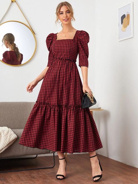 Black Friday 2020 | Square Neck Puff Sleeve Frill Trim Gingham Dress | SHEIN USA Square Neck Puff Sleeve Dress, Casual Frocks, Frock For Women, Trendy Dress Outfits, Muslim Fashion Outfits, Puff Sleeve Dress, Stylish Dresses For Girls, Frock Design, Fashion Attire