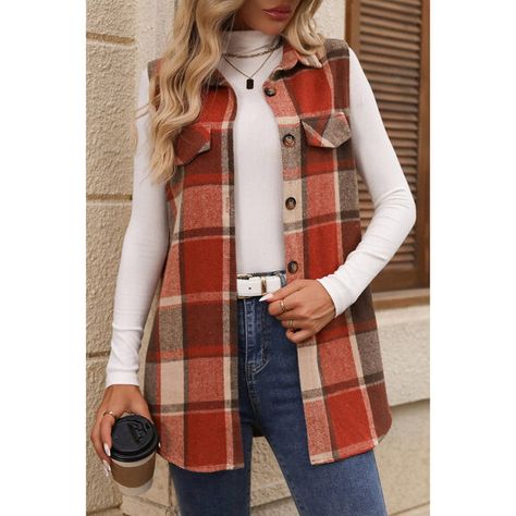 Plaid Button Up Vest Coat Chaleco Casual, Normal Body, Plaid Vest, Vest Coat, Outerwear Vest, Plaid Design, 가을 패션, Fashion Mode, Sweater Jacket