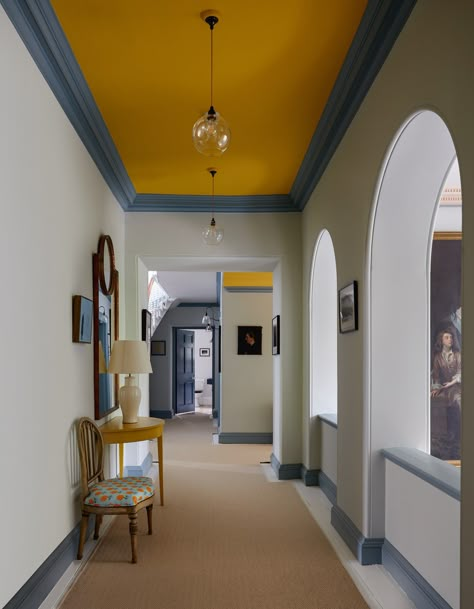 Yellow Ceiling, Painted Ceilings, Joinery Design, Paint And Paper Library, Colored Ceiling, London House, Brown Walls, Up House, Painted Ceiling