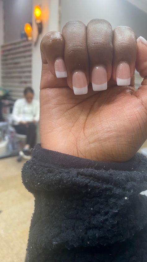 Full Set White Tip Nails, Small White French Tip Nails, Short Acrylic Nail Designs For Summer French Tips, White Tip Acrylic Nails Square, Thick White French Tip Nails, White French Tip Acrylics, White French Tip Nails Short, Short Square French Tip Acrylic Nails, White French Tip Nails Square