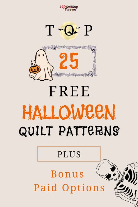 Top 25 Free Halloween Quilt Patterns (+10 Bonus Patterns For Sale) Jelly Roll Halloween Quilt Patterns Free, Halloween Paper Pieced Quilt Patterns Free, Halloween Quilt Wall Hanging Free Pattern, Halloween Quilts Patterns, Halloween Quilt Squares, Free Halloween Quilt Block Patterns, New Quilt Patterns 2024, Ghost Quilt Block Pattern Free, Free Halloween Knitting Patterns