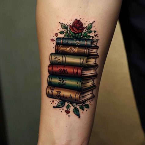 Colored Bookshelf, Book Lover Tattoo Ideas, Book Themed Tattoos, Lover Tattoo Ideas, Open Book Tattoo, Book Lover Tattoo, Books Tattoo, Colorful Bookshelf, Lover Tattoo