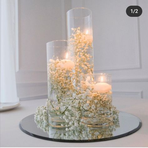 No Flowers Wedding Centerpieces, Wedding Table Decor With Candles, Timeless Wedding Decor Romantic, Engagement Party Centerpiece Ideas, Summer Wedding Centerpiece Ideas, Baby's Breath And Candles Centerpiece, Floating Candles And Babys Breath, Minimal Centerpieces, Centerpieces Ideas