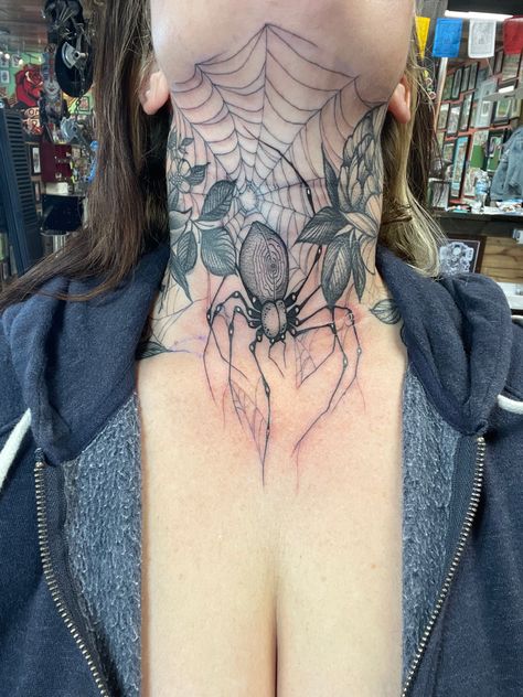 Off centered floral, spiderweb and spider tattoo on the throat/neck. Spider Web On Neck Tattoo, Spiderweb Throat Tattoo, Spider Throat Tattoo, Lace Neck Tattoo, Web Neck Tattoo, Spiderweb And Flower Tattoo, Flower Throat Tattoo, Spiderweb Face Tattoo, Spider Web Neck Tattoo