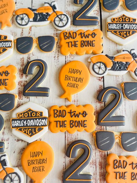 Motorcycle 3rd Birthday Ideas, Born Two Ride Birthday Boy, Born Two Ride Birthday, Harley Davidson First Birthday Party, Harley Davidson 1st Birthday Party, Harley Davidson Cookies, Born 2 Ride Birthday Party, Harley Davidson Party, Bad Two The Bone