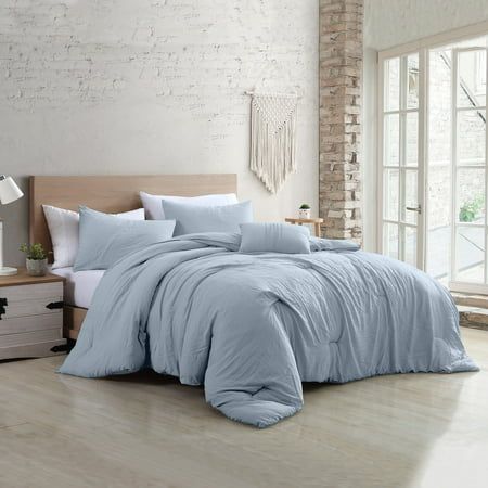 Soft texture and easy living are what we crave these days; a relaxed atmosphere allows us to take a deep breath! The Beck adult unisex bedding set is exactly what you need! This set includes one pre-washed comforter, 2 pillow shams, and a decorative pillow. The four-piece bedding set is packaged in a reusable self-bag, of the same material, that is usable as a tote! The 100% pre-washed microfiber is machine washable and dryer-safe for easy care. This set is perfect for Size: Full/Queen.  Color: Blue. Linen Comforter, Blue Comforter, Cotton Bedding Sets, Twin Comforter, King Comforter Sets, Comfortable Bedroom, Queen Comforter Sets, Décor Boho, Bed Sets