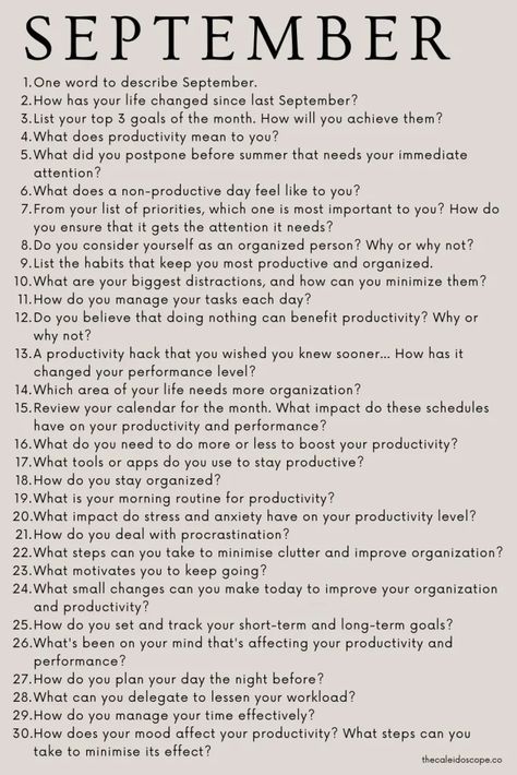 a list of September journal prompts on the topic of productivity and organization September 2024 Journal Prompts, September Prompts 2024, September Journal Prompts 2024, Journal Prompts For September, September Prompts Journal, Back To School Journal Prompts, Autumn Journal Prompts, September Journal Ideas, September Prompts