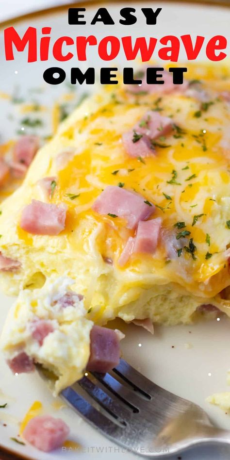 This microwave omelet is a fast and easy way to make a delicious meal that will satisfy your family's breakfast appetite! Savory chopped ham is combined with beaten eggs, milk, and salt then topped with shredded cheddar cheese. With this simple microwave omelet, you will have a cheesy and protein-packed meal perfect for your busy mornings! BakeItWithLove.com #bakeitwithlove #omelet #ham #cheese #breakfastdish #breakfast #microwave Microwave Omelette Recipe, Microwave Recipes Dinner, Microwave Omelet, Microwave Cooking Recipes, Ham And Cheese Omelette, Omlet Recipes, Microwave Breakfast, Omelette Recipe Easy, Zucchini Side Dishes