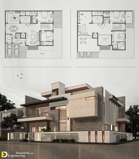 35 Modern House Design Ideas For 2021 - Engineering Discoveries 3d Elevation Design, 3d Elevation, Modern House Floor Plans, House Design Ideas, Modern Villa Design, Building House Plans Designs, Building Plans House, Architectural Floor Plans, Modern House Facades