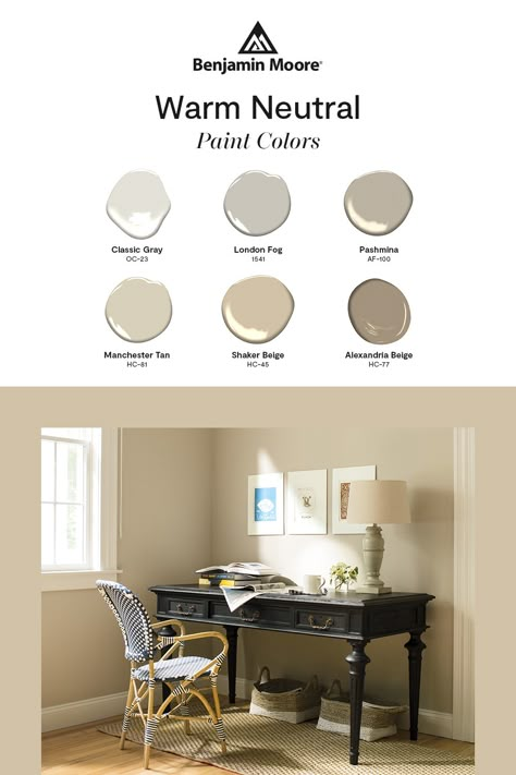 Cozy up to these warm neutral paint colors from Benjamin Moore. Benjamin Moore Light Brown, Best Taupe Paint Color Benjamin Moore, Warm Neutral Paint Colors Benjamin Moore, Benjamin Moore Beige Colors, Benjamin Moore Warm Neutrals, Pashmina Benjamin Moore, Benjamin Moore Neutral Paint Colors, Ebony Floors, Bedroom Paint Colors Benjamin Moore