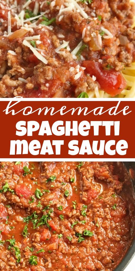 Homemade Spaghetti Meat Sauce | Spaghetti | Pasta Recipe | Ditch the canned spaghetti sauce for this flavorful, beefy, homemade spaghetti meat sauce. Only takes a few minutes to prepare and then let it simmer for amazing flavor. Serve over pasta noodles with some garlic bread for a delicious dinner that will please everyone. #dinner #pasta #easydinnerrecipe #spaghetti #spaghettisauce #homemade #dinnerrecipes #dinnerideas #groundbeef #healthyrecipe Meat Sauce Spaghetti, Homemade Spaghetti Meat Sauce, Greek Meals, Spaghetti Pasta Recipe, Best Spaghetti Sauce, Homemade Spaghetti Sauce Recipe, Canned Spaghetti Sauce, Spaghetti Recipes Easy, Homemade Meat Sauce