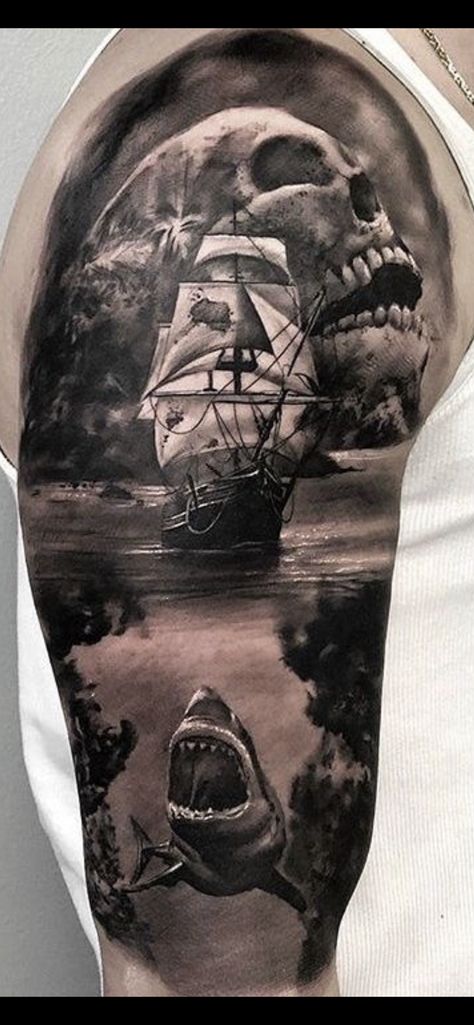 Pirate Tattoo Sleeve, Marine Tattoos, Ship Tattoo Sleeves, Pirate Skull Tattoos, Pirate Ship Tattoos, Nautical Tattoo Sleeve, Octopus Tattoo Sleeve, Pirate Ship Tattoo, Navy Tattoos