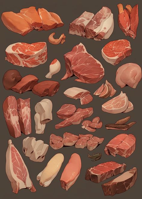 Meat Art, Props Concept, Foodie Art, Food Artwork, Fashion Illustrations Techniques, Digital Painting Techniques, Props Art, Food Illustration Art, Cute Food Art