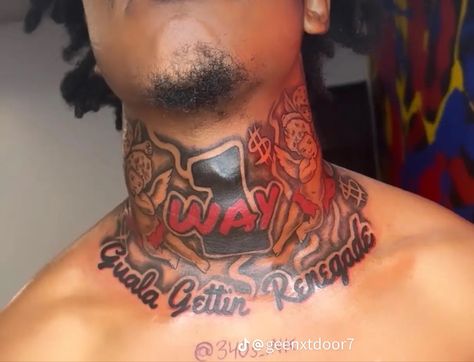 No Love Neck Tattoo Men, Male Throat Tattoo, Neck Piece Tattoo Men, Neck Tattoos Throat, Throat Tattoo Designs Men, Hood Face Tattoo, Black Men Face Tattoos, Black Male Neck Tattoos, Male Neck Tattoo Ideas