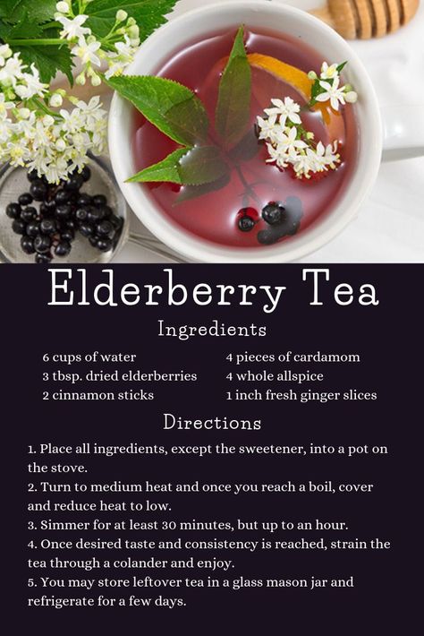 find our Elderberry Tea recipe here! Repin and save for later!   6 cups of water  3 tbsps. dried elderberries  2 cinnamon sticks  4 pieces of cardamom  4 whole allspice  1 inch fresh ginger slices Elderberry Tea Recipe, Healing Teas, Elderberry Tea, Tea Blends Recipes, Herbal Tea Garden, Elderberry Recipes, Tea Remedies, Tea Drink Recipes, Tea At Home