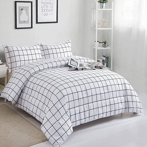 Grid Bedding, Preppy Bedding, Black And White Comforter, Bedroom Plan, Plaid Comforter, White Bedspreads, Geometric Bedding, Black Comforter, Bedding Comforter