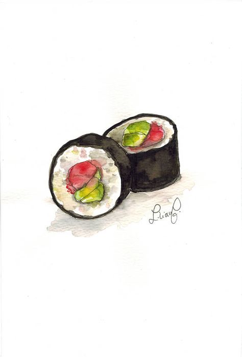 Food Drawing Sushi, Drawing Of Sushi, Sushi Watercolor Painting, Sushi Drawing Cute, How To Draw Sushi, Sushi Art Drawing, Sushi Drawing Easy, Watercolor Paintings Food, Watercolor Food Paintings