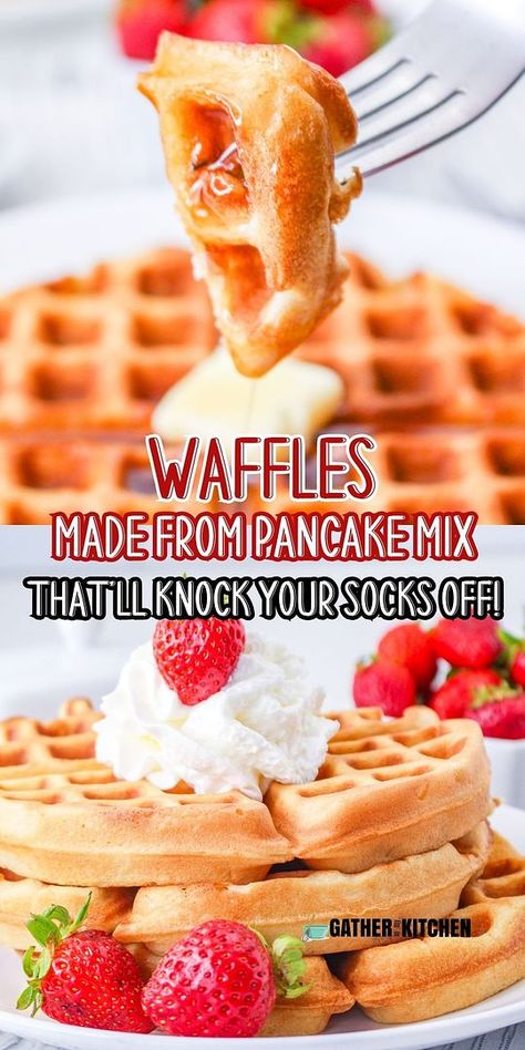 Revolutionize your breakfast routine with waffles made from pancake mix. This recipe proves that delicious, homemade waffles don't require a complicated list of ingredients or steps, just your favorite pancake mix and a few pantry staples. How To Make Waffles With Pancake Mix Recipe, Pancake Mix To Make Waffles, Krusteaz Pancake Mix Recipes Waffles, Pancake Mix Waffles Recipes, Waffle Recipe With Pancake Mix Breakfast, How To Make Waffles From Pancake, Waffle With Pancake Mix Recipes, Protein Waffle Mix Recipe, Pancake Waffle Mix Recipe