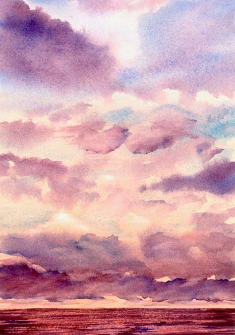 Drawing Ideas Watercolor, Painting Of Sunset, Akvarel Illustration, Ideas Watercolor, Ideas For Drawing, Sunset Watercolor, Watercolor Clouds, Watercolor Sky, Watercolor Sunset